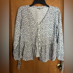 LOFT White Button-Front Floral Peplum Cottagecore Top with Blue Print SP